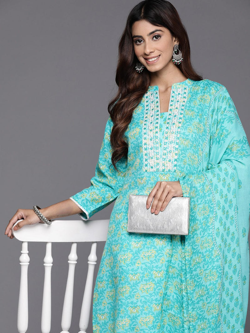 Varanga Women Blue Floral Kurta Paired With Bottom & Dupatta