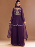Varanga Purple Embroidered Palazzos With Dupatta | Poly Georgette | Festive
