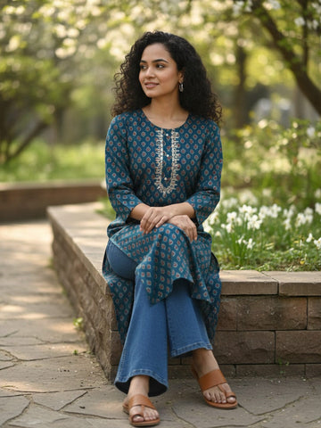 Varanga Teal green cotton Kurta