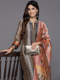 Varanga Women Ikkat Printed Grey Peach Mandrin Collar Straight Kurta With Bottom And Printed Dupatta