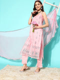 Varanga Pink Net Embroidered Strap Style Kurta Paired With Tonal Bottom And Dupatta