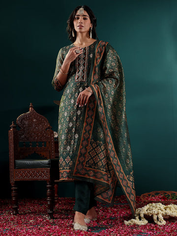 varanga-green-printed-round-neck-with-slit-three-quarter-sleeves-straight-kurta-paired-with-contrast-bottom-and-dupatta