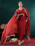 Varanga Women Maroon Solid V-Neck  Embellished With Gota Straight Kurta Paired With Tonal Bottom And Dupatta