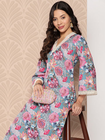 KSUT Women Blue Floral Printed V-Neck Straight Kurta Paired With Printed Bottom