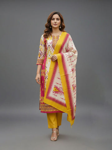 Ethnic Multicolor Ikat Printed Kurta Set With Dupatta & Solid Trouser
