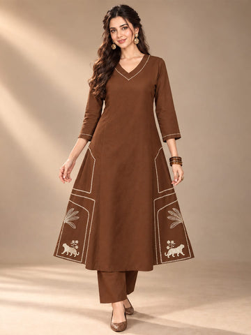 Varanga Women Ethnic Motifs Embroidered Pure Cotton Kurta with Trousers