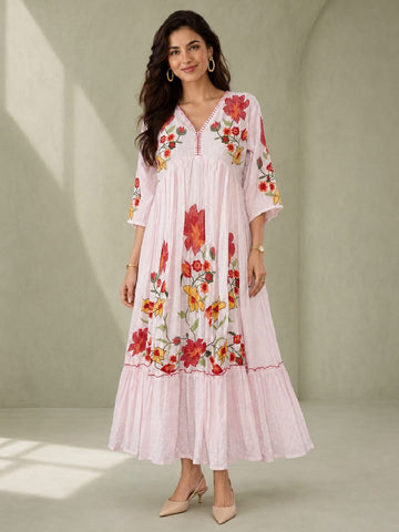 Blush Pink Floral Embroidered Alia Cut Dress