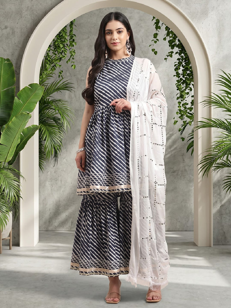 Varanga Blue And White Leheriya Halter Neckline Gota Work Kurta With Sharara And Sequins Emebllished Dupatta.