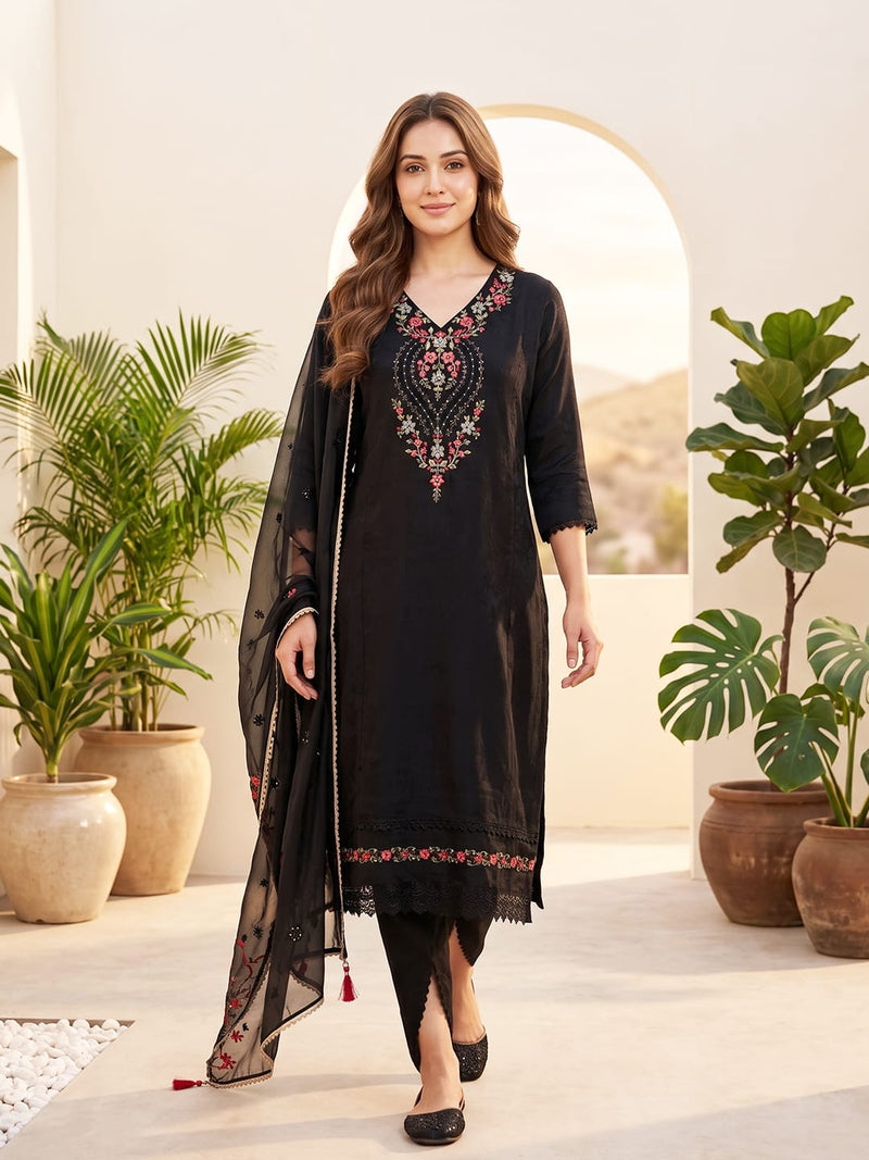 Varanga Women Floral Motif Thread Embroidered Yoke Kurta with Trouser & Dupatta