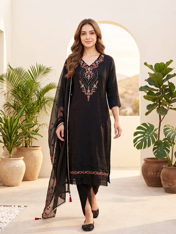 Varanga Women Floral Motif Thread Embroidered Yoke Kurta with Trouser & Dupatta