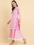 Varanga Women Pink Chikankari Kurta Attached With Skirt And Paired With Dupatta