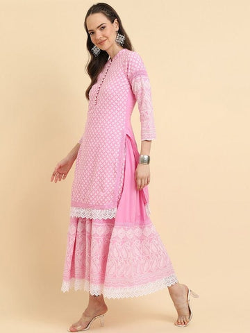 KSUT Women Pink Chikankari Kurta Attached With Skirt And Paired With Dupatta