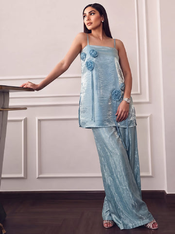 Icy Blue Square-Neck Top With Statement 3D Rose Paired With Wide-Leg Trousers