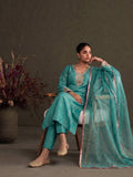 Teal Blue Silk-Blend Embroidered A-Line Kurta With Trousers