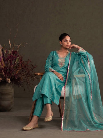 Teal Blue Silk-Blend Embroidered A-Line Kurta With Trousers