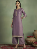 Varanga Women Elegant Three-Piece Brown Shimmer Kurta Set With Sequin Detailing, Solid Ankle-Length Trousers, And An Embroidered Dupatta