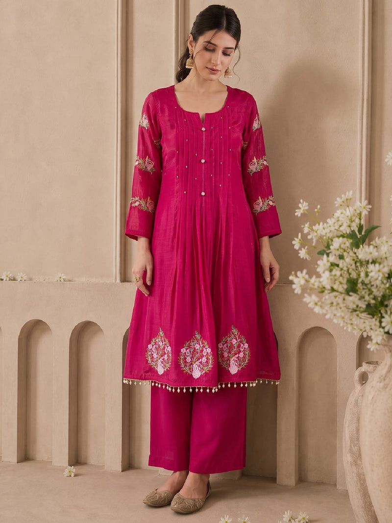 The Fuchsia Blossom Pin-Tuck Festival Women'S Kurta Suit