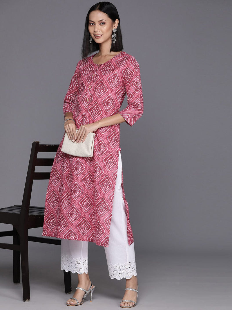 Varanga Women Pink Bandhani Printed Straight Kurta With Three Quarter Sleeves