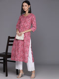 Varanga Women Pink Bandhani Printed Straight Kurta With Three Quarter Sleeves
