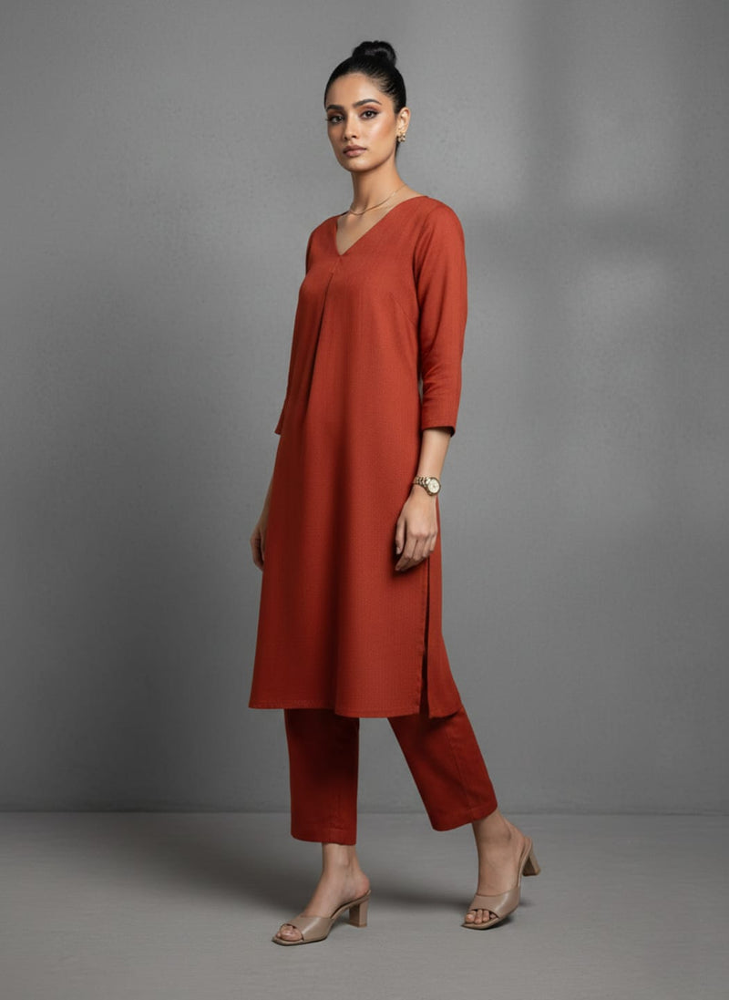 Varanga Women Orange Solid A-Line Kurta Paired With Tonal Bottom
