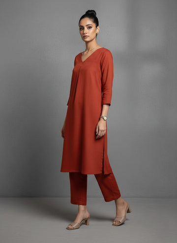 Varanga Women Orange Solid A-Line Kurta Paired With Tonal Bottom