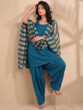 Women Teal Blue Solid Kurta Set With Farsi Salwar & Striped Dupatta