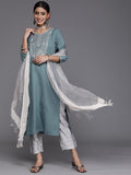 Varanga Women Blue & Silver Sequinned Yoke Design Kurta With Trousers & Dupatta