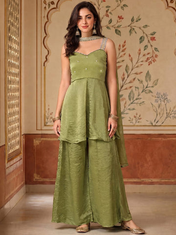 Olive Green Embellished Sharara Set With A Mirror Work Strappy Top & Dupatta.