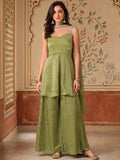 Olive Green Embellished Sharara Set With A Mirror Work Strappy Top & Dupatta.