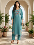 Women Floral Embroidered Teal Blue Straight Kurta Set