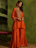 Rust Yoke Embroidered Kurta With Flared Sharara And Dupatta.