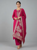 Fuchsia kurta set featuring a bead-embellished yoke, solid ankle-length trousers, and a brocade dupatta