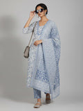 Varanga Women Ethnic Floral Printed V Neck Straight Kurta with Trouser & Dupatta