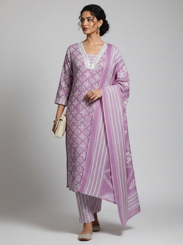 Varanga Women Floral Printed V Neck Kurta with Trouser & Dupatta