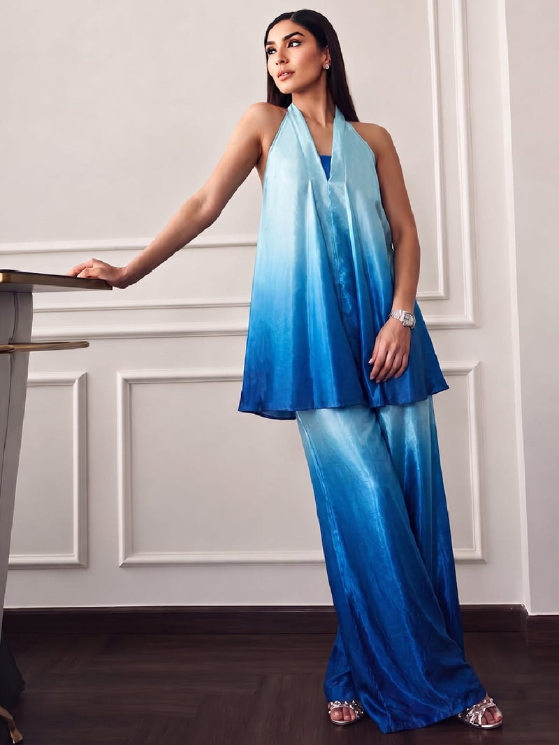 Ombere Blue V Halter Neckline Set And Flowy Wide-Leg Pants