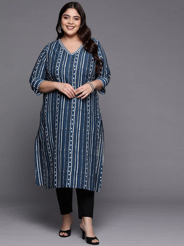 Varanga Women Blue And White Striped Straight Kurta With V Shape Neckline And 3/4Th Sleeves