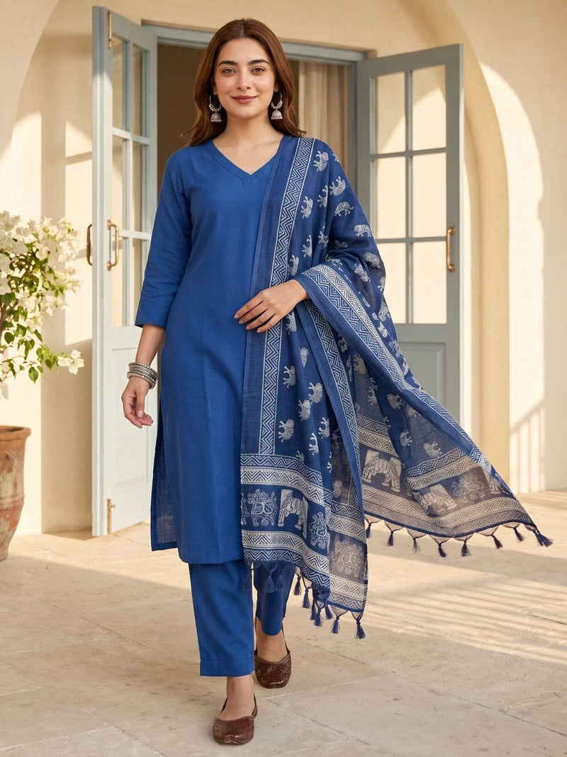Women V Neck Straight Kurta With Pants & Dupatta
