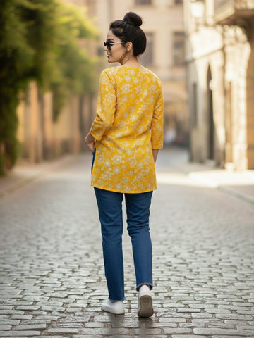 Varanga Women's Mustard Yellow Floral Print Tunic with V-Neck