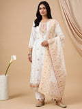 Varanga Women Elegant White 3-Piece Suit Set With Woven Kurta, Straight Pants, And A Rich Brocade Dupatta.