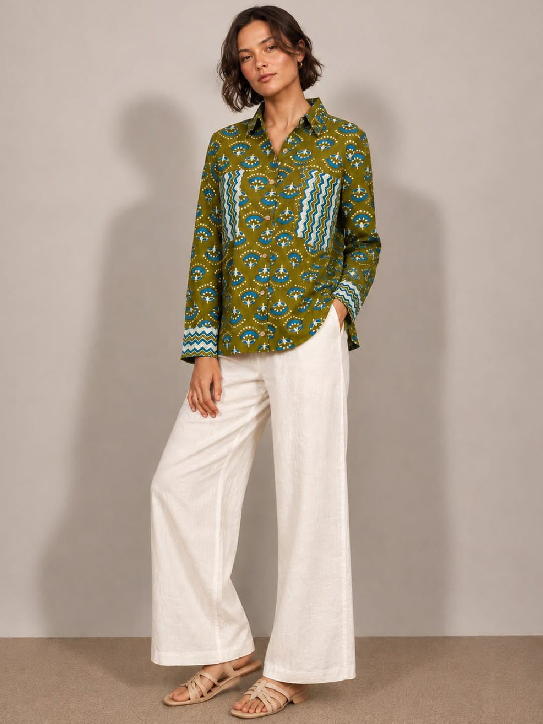 Varanga A Stylish Loose Fit Olive Green Printed Cotton Shirt