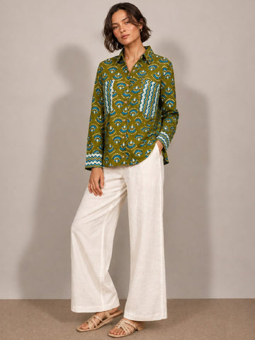 Varanga A Stylish Loose Fit Olive Green Printed Cotton Shirt