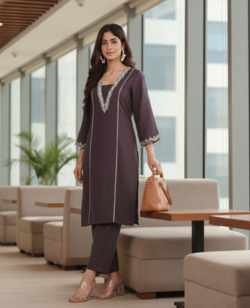 Zari Embroidered Violet Flared Sleeve Kurta with Trouser