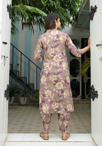 Varanga Women Lavender Floral Printed Mirror Embellished Straight Kurta Paired With Afghani Bottom And Printed Dupatta