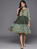 Varanga Green Floral Print Cotton Round Neck A-Line Dress