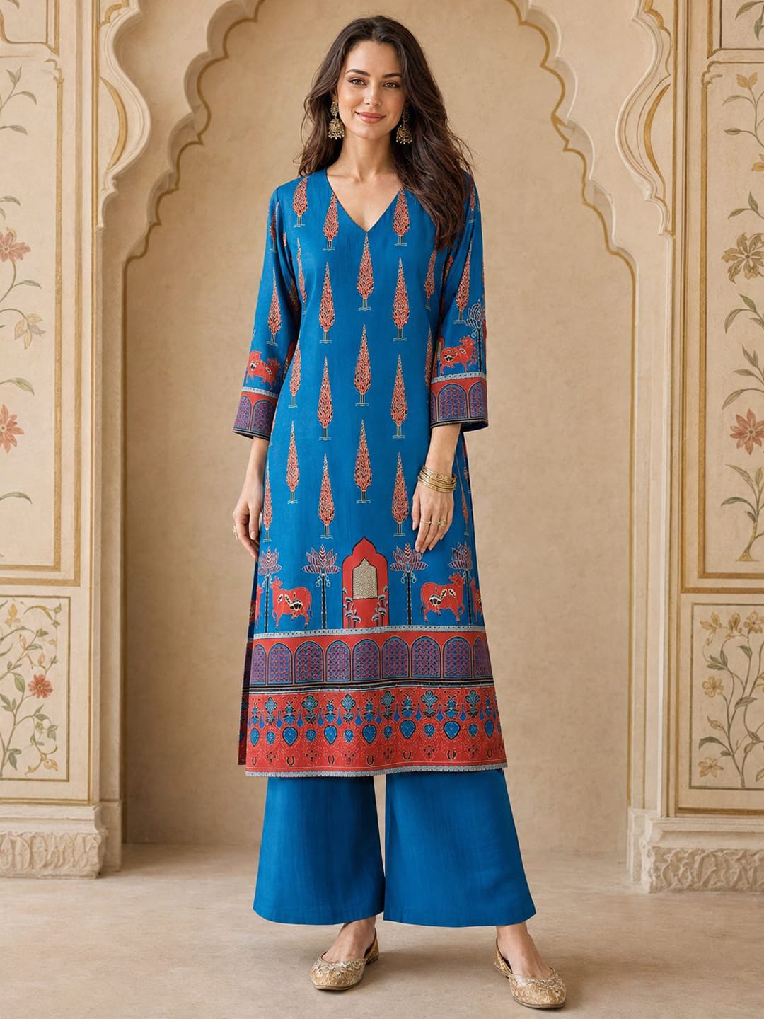 Varanga Women Ethnic Motifs Printed Chanderi Silk Kurta with Palazzos