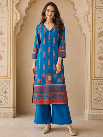Varanga Women Ethnic Motifs Printed Chanderi Silk Kurta with Palazzos