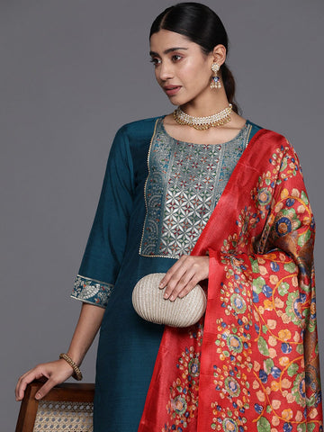 Varanga Teal Ethnic Motifs Yoke Design Gotta Patti Kurta with Trousers & Dupatta