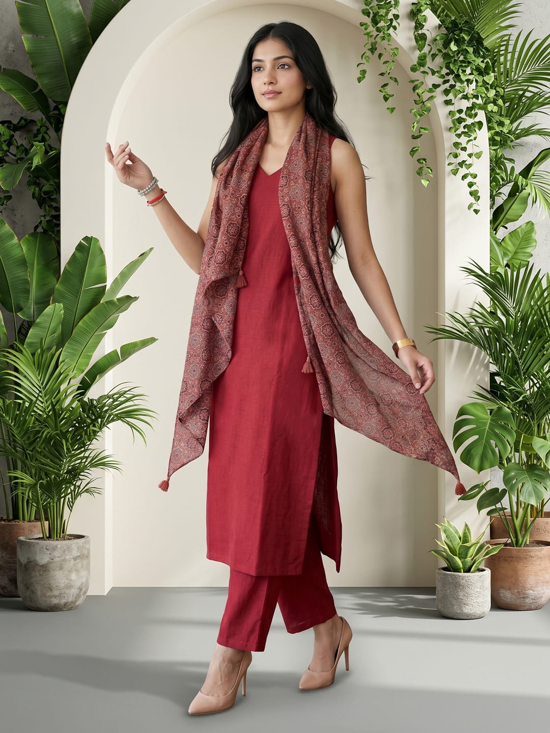 The Linear Crimson kurta Set With Dupatta