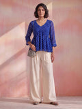 Women's Blue Bandhani Print Peplum Top With V-Neck And Gota Work Detailing
