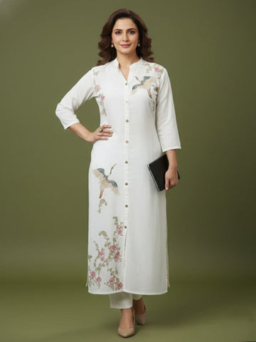 Front Button Straight Embroidered Flex Kurta Set